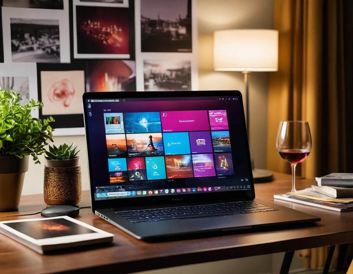 A modern and sleek laptop open on a stylish desk, showcasing a vibrant interface of various adult streaming platforms displayed as colorful thumbnails. Surrounding the laptop, dim ambient lighting sets a cozy mood, with a glass of wine and a stylish connoisseur's guidebook on the side. Include hints of adult-themed art in the background and a subtle nod to privacy with abstract curtains. super-realistic. warm tones. contemporary style.
